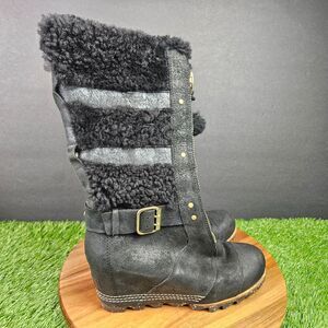 Sorel Helen Holiday Shearling Wedge Boots Size 8 Black Knee High Zip Leather Pom